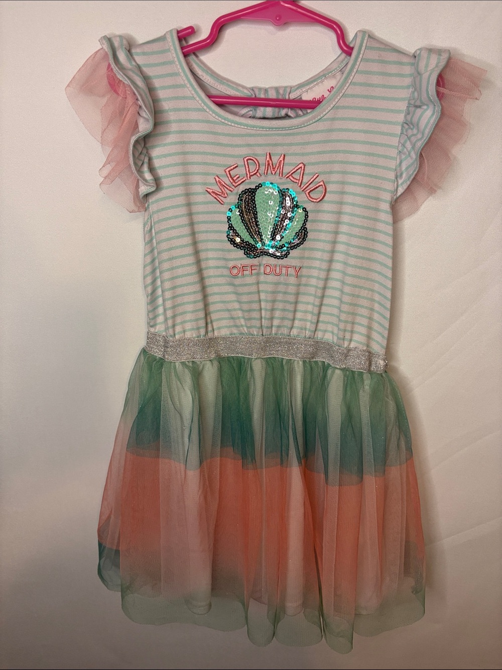 Little Lass Green & Coral Mermaid Tulle Dress-6